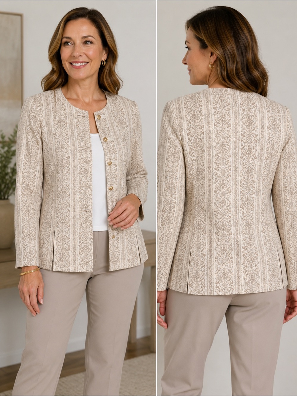 R&M Richards Cream Patterned Button-Front Jacket